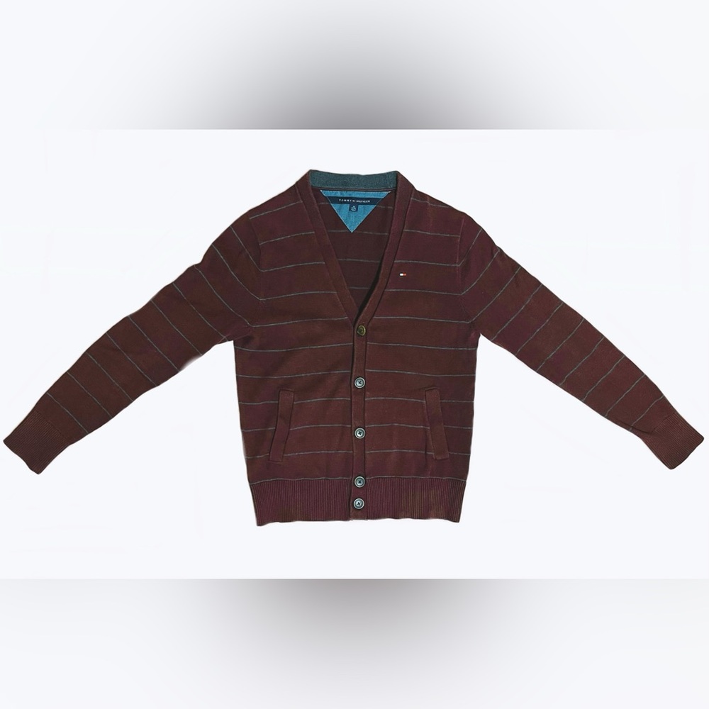 Tommy Hilfiger Men's 100% Cotton V-Neck Button-Up Striped Cardigan with Pockets